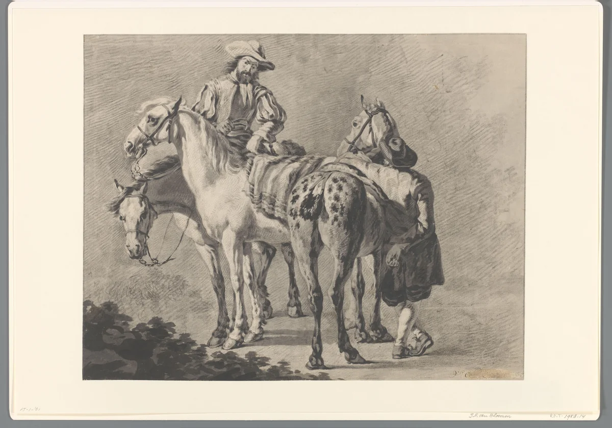 Twee ruiters met hun paarden by Jan Frans van Bloemen, drawing, 1672-1749