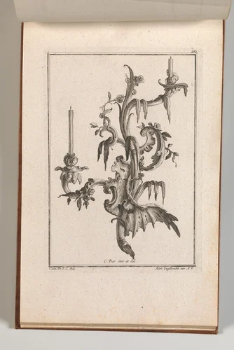 Design for a Two-Armed Candelabra with Rocaille Ornaments and Flowers, Plate 3 from an Untitled Series of Designs for Suspended Candelabra by Carl Pier, book, 1745-1755