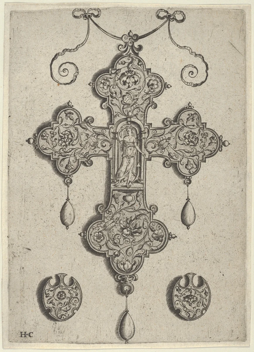 Cross-Shaped Pendant Design with Hope Standing in a Circular Temple by Jan Collaert, print, 1530-1573