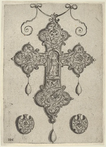 Cross-Shaped Pendant Design with Hope Standing in a Circular Temple by Jan Collaert, print, 1530-1573