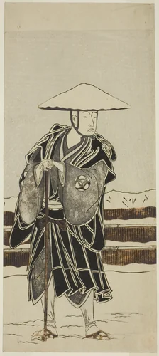 The Actor Bando Mitsugoro I as Abbot Saimyo-ji Tokiyori, Disguised as a Monk, in the Joruri "Onna Hachi no Ki" (A Female Version of "The Potted Trees") from Part Two of the Play Onna Aruji Hatsuyuki no Sekai (A Woman as Master: The World of the First Snow), Performed at the Morita Theater from the First Day of the Eleventh Month, 1773 by Katsukawa Shunsho (勝川 春章), print, 1768-1778