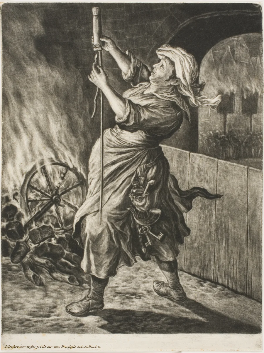 Woman Lighting a Rocket, also called Peace Gets Me Going, from Communia Gaudia (The Wide-Spread Rejoicing at the Siege of Namur) by Cornelis Dusart, print, 1695