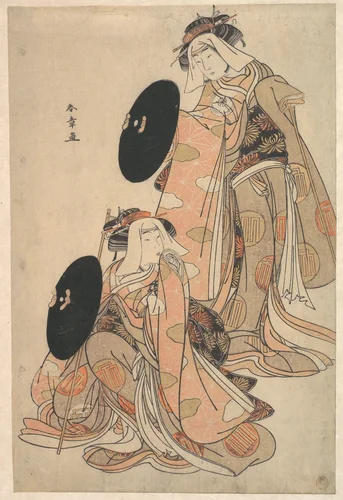 The Actors IV Iwai Hanshiro and I Bando Mitsugoro as Women Pilgrime in a shosa (Acting and Dancing) Performance by Katsukawa Shunshô (勝川春章), print, 1766-1786
