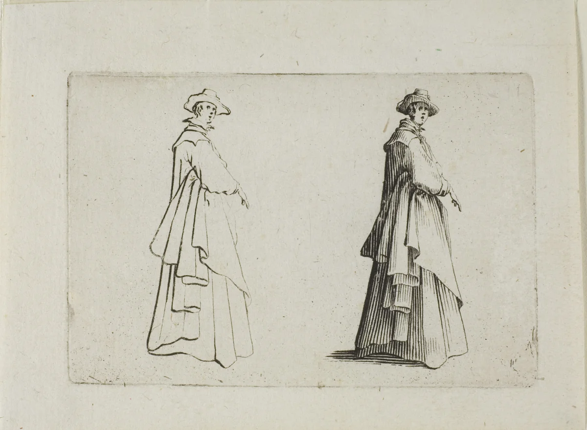 The Lady with Full Clothing, from The Caprices by Jacques Callot, print, 1617-1627
