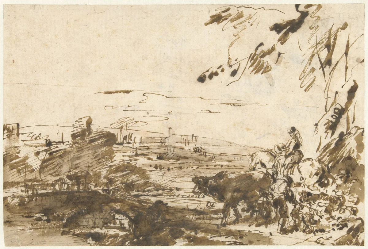 Herders met een kudde by Giovanni Benedetto Castiglione, drawing, 1640-1645