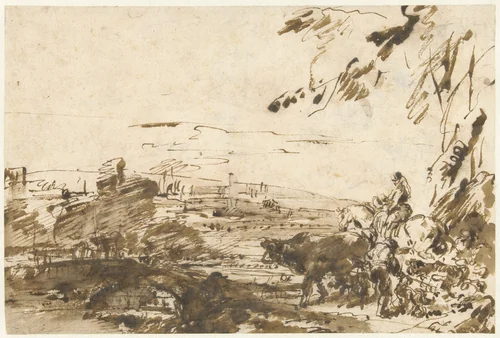 Herders met een kudde by Giovanni Benedetto Castiglione, drawing, 1640-1645