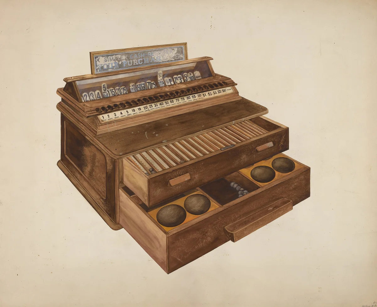 Wooden Cash Register by Wilbur M Rice, index of american design, 1942