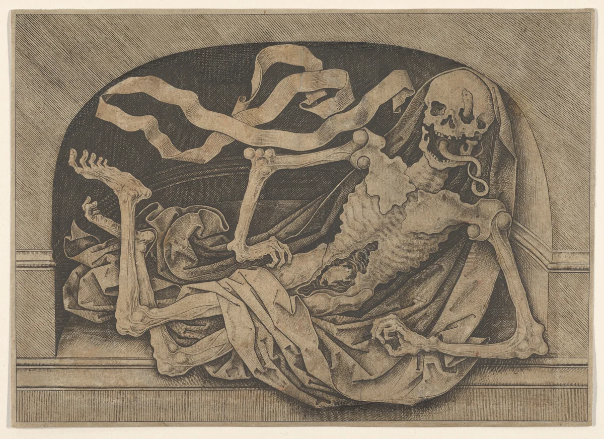 Memento Mori: a skeleton in a niche by Master IAM, print, 1465-1495