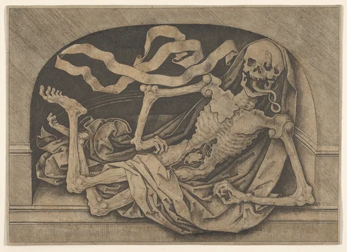 Memento Mori: a skeleton in a niche by Master IAM, print, 1465-1495