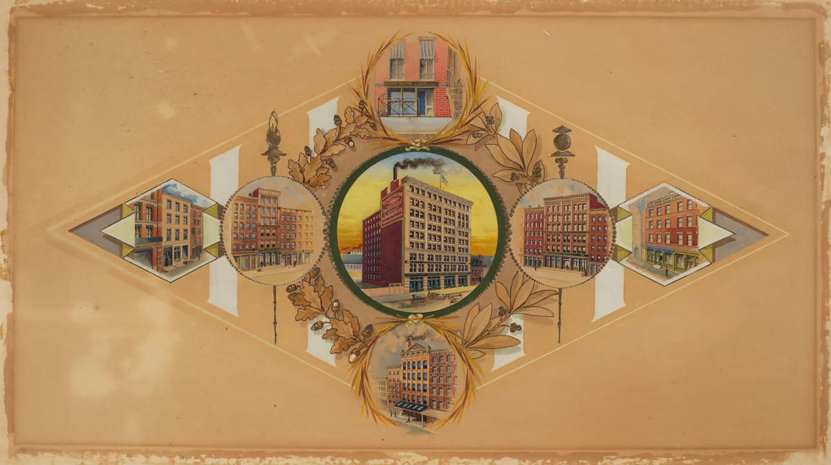 Henry Heide Confectionary Co.– Seven Buildings Occupied by the Business by anonymous, drawing, 1882-1900