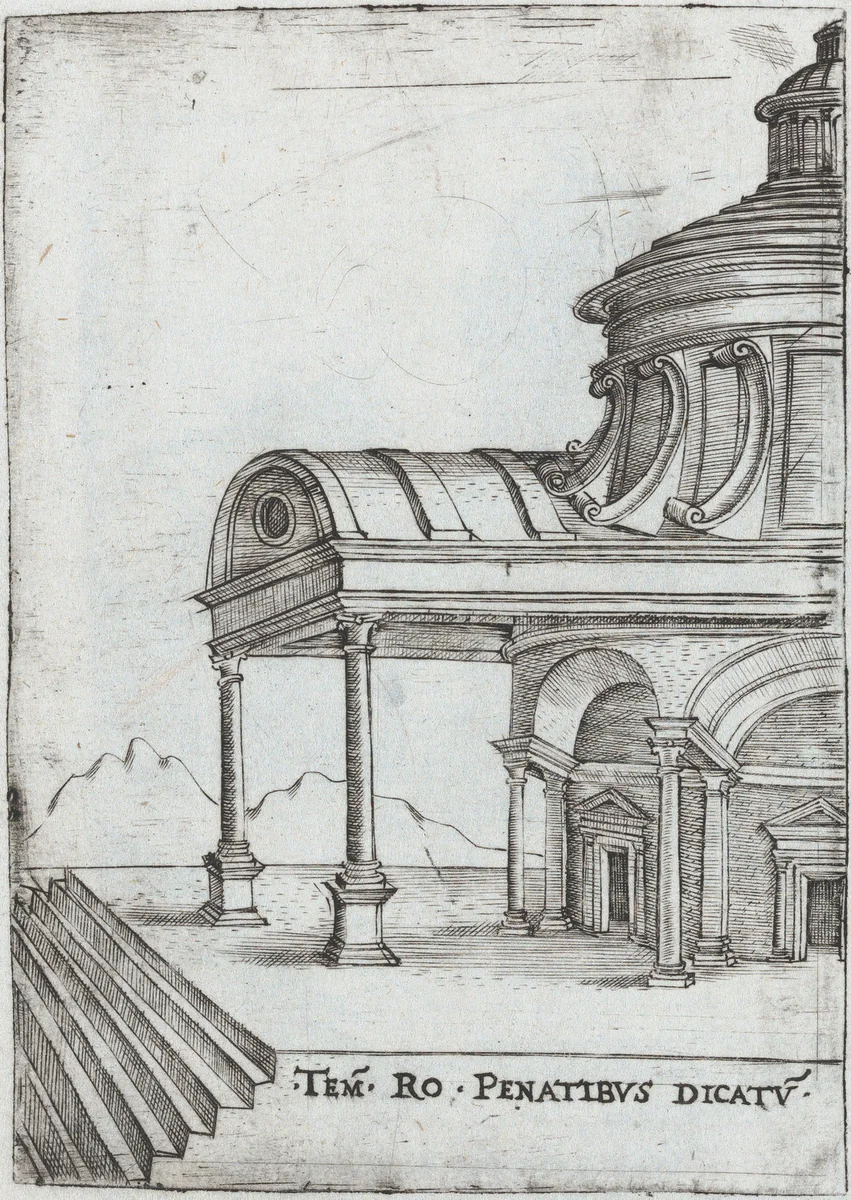 Pinaculu Termar, from a Series of Prints depicting (reconstructed) Buildings from Roman Antiquity by Monogrammist G.A. with the Caltrop, book, 1530-1550