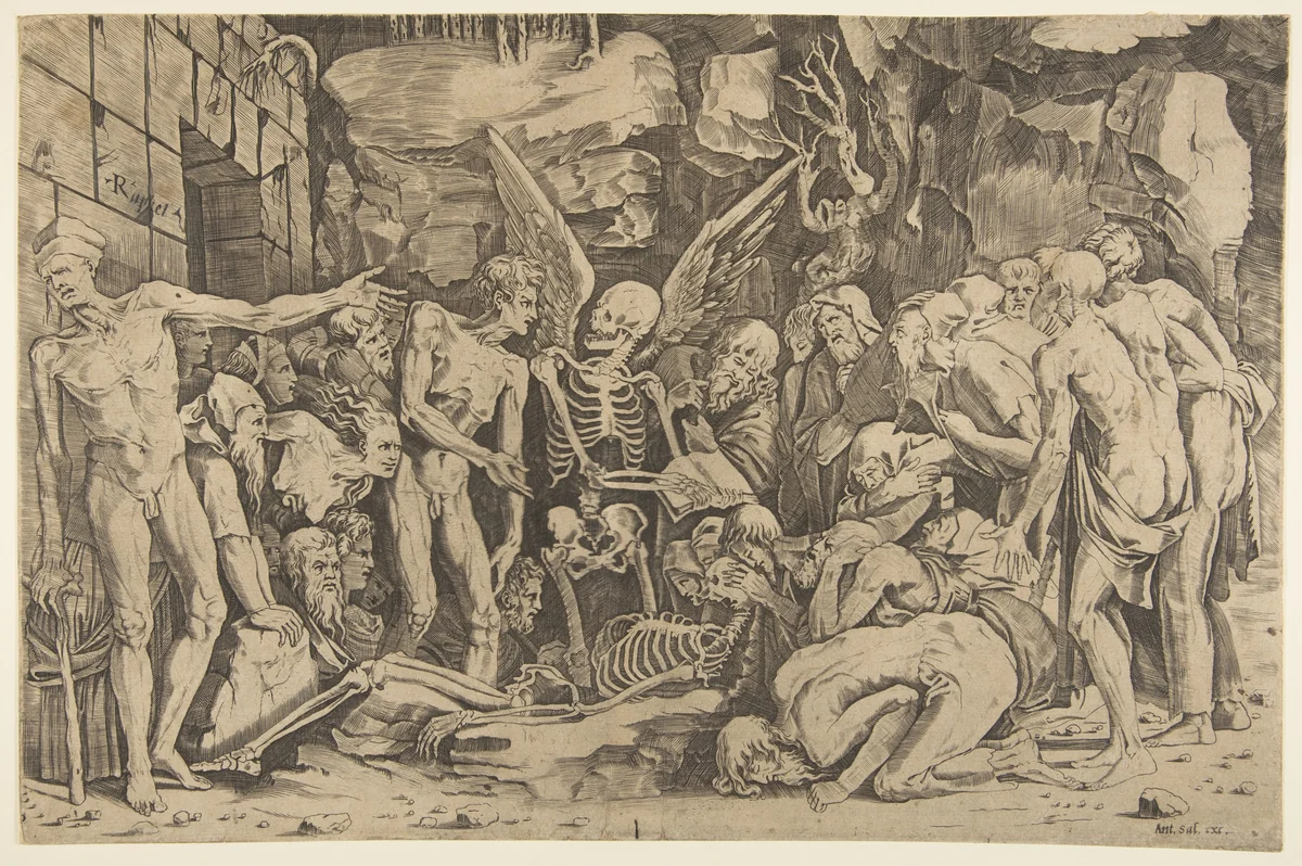 The Skeletons, a group of emaciated men and women gathered around a skeleton laid on the ground and a figure of Death as a winged skeleton standing above it holding an open book by Marco Dente, print, 1515-1527