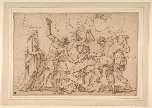Venus Watching Vulcan and Cyclops Forge Armor for Mars by Raymond de La Fage, drawing, 1665-1684