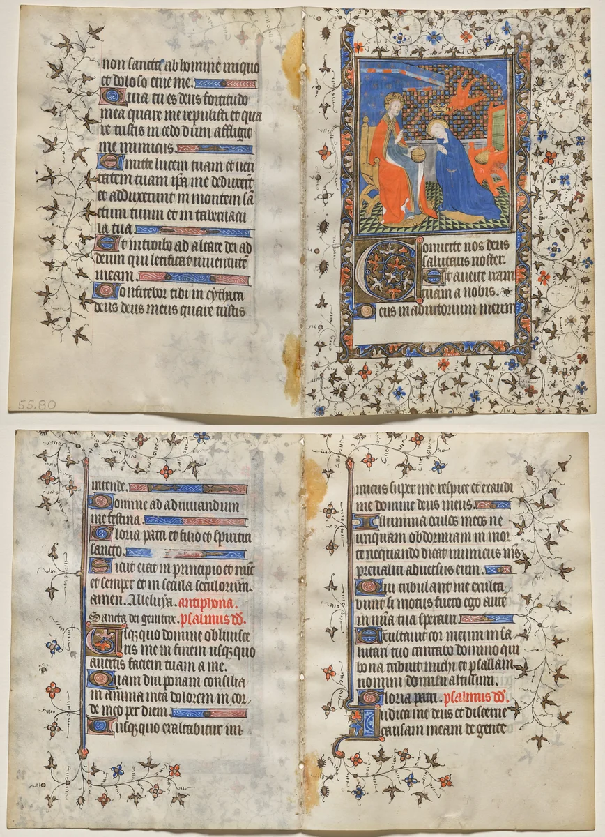Bifolio from a Book of Hours: Coronation of the Virgin (recto); Text (verso) by Boucicaut Master, manuscript, 1410-1420