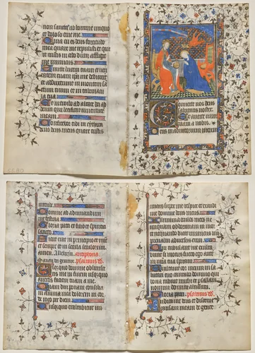 Bifolio from a Book of Hours: Coronation of the Virgin (recto); Text (verso) by Boucicaut Master, manuscript, 1410-1420