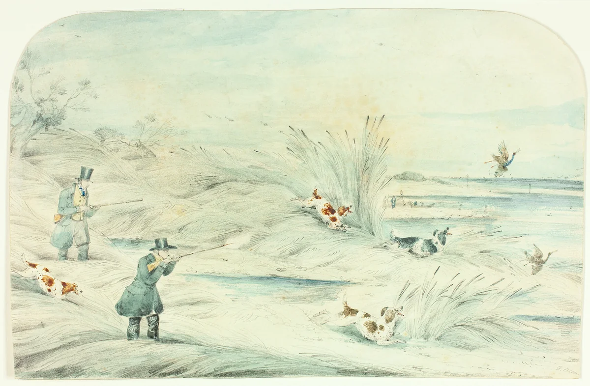 Hunt Crossing Stream Shooting Ducks by Henry Alken, painting, 1883-1893