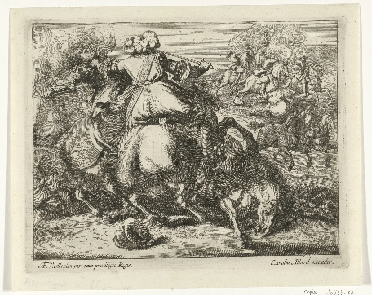 Cavalerie in gevecht by anonymous, print, 1673-1709