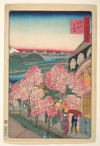 Entrance to the Gankirō Tea House in the Miyozaki District, Yokohama, Bushu by Utagawa Hiroshige II (二代目歌川広重), print, 1859