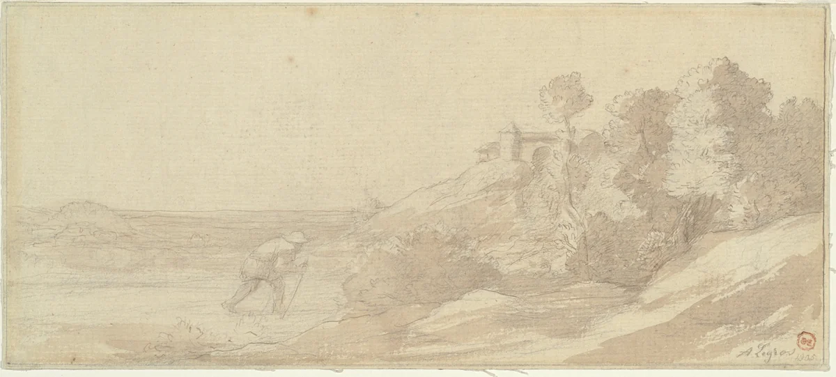 Landscape along a Riverbank with a Figure by Alphonse Legros, drawing, 1905