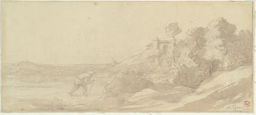 Landscape along a Riverbank with a Figure by Alphonse Legros, drawing, 1905