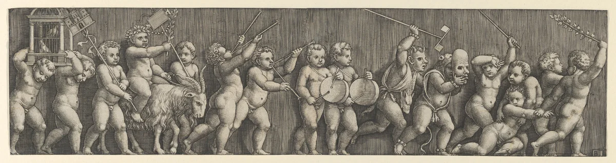 A frieze arrangement with a putto weating a laurel crown riding a goat at left and many infants playing musical instruments in front by Master of the Die, print, 1530-1560
