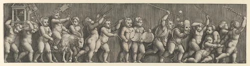 A frieze arrangement with a putto weating a laurel crown riding a goat at left and many infants playing musical instruments in front by Master of the Die, print, 1530-1560