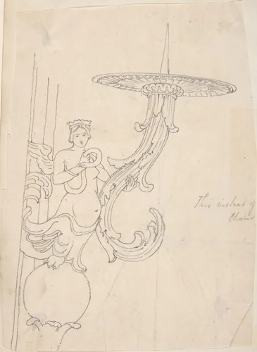 Design for Metal Candleholder Supported by a Sphinx by anonymous, drawing, 1850-1900