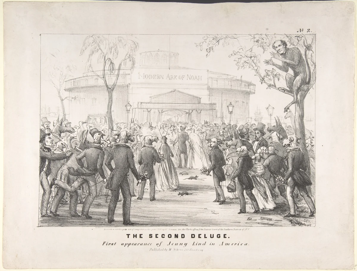 Castle Gardens, The Second Deluge, First Appearance of Jenny Lind in America by anonymous, print, 1850