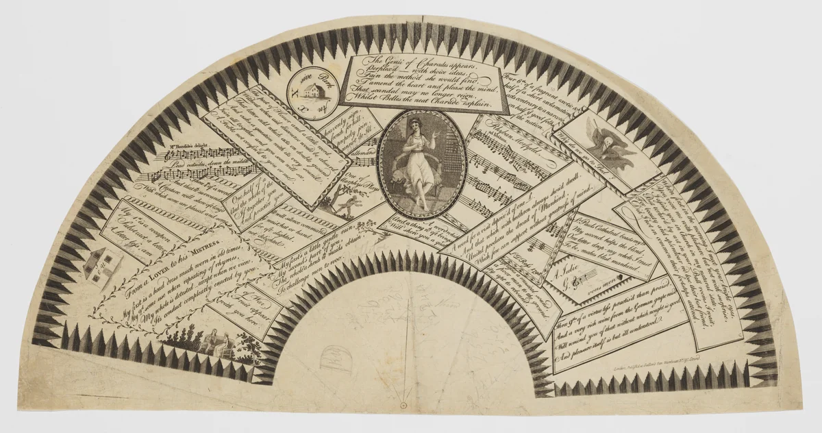 Fan leaf with seventeen charades by anonymous, print, 1700-1799