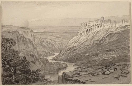 Goats Resting above a River Gorge (Narni, Italy) by Edward Lear, drawing, 1884-1885