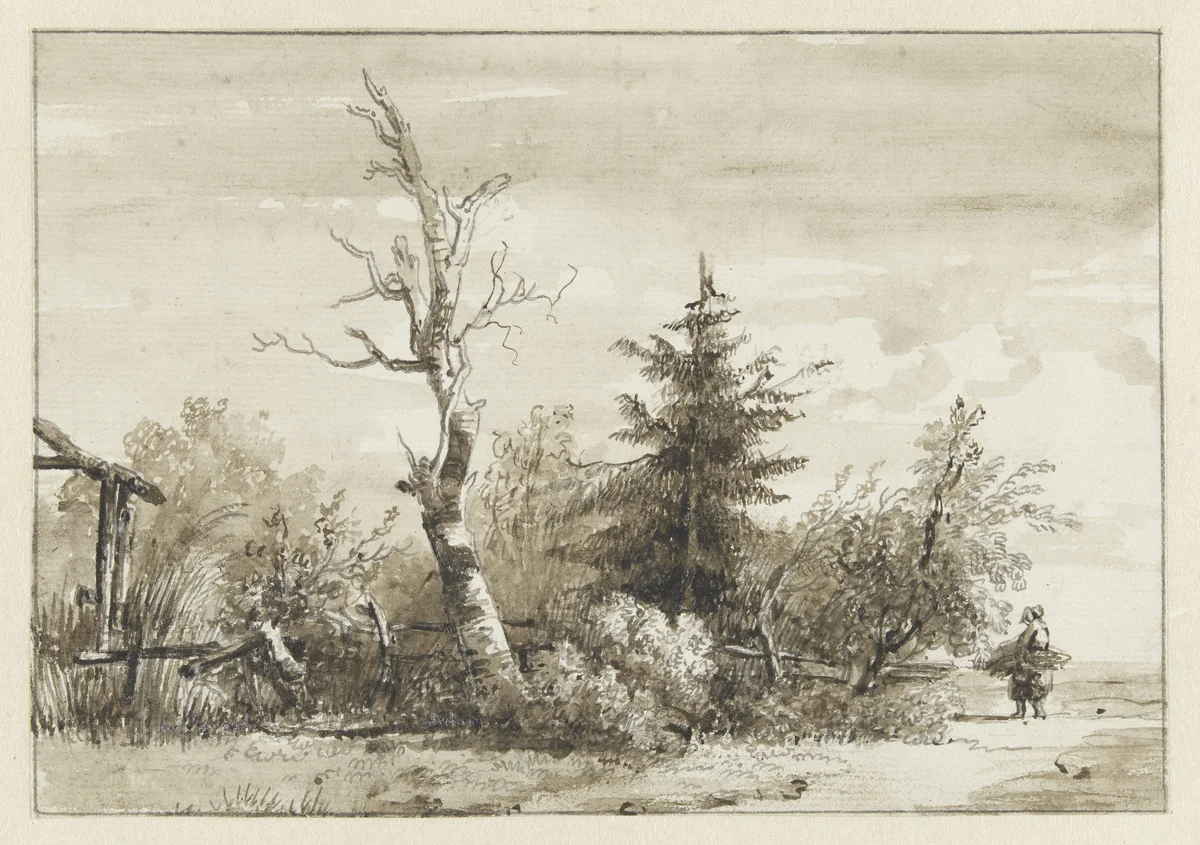 Landschap met bomengroep en rechts een sprokkelaarster by Jan Apeldoorn, drawing, 1775-1838
