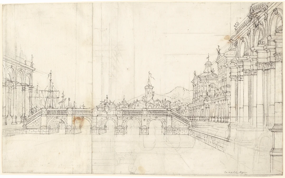 A Capriccio of Palaces and a Loggia Facing a Classical Bridge by Bernardo Bellotto, drawing, 1760-1770