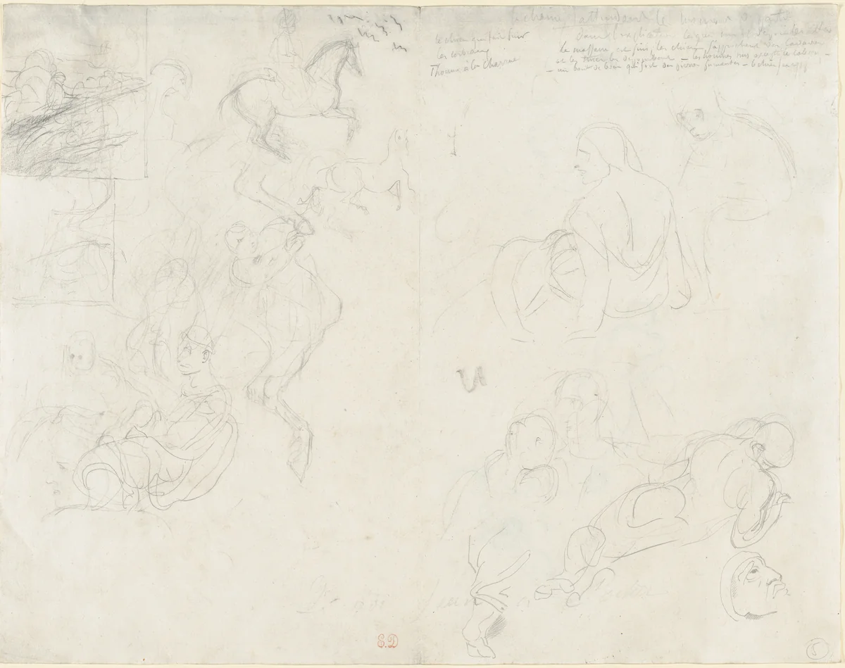 Studies of Figures and Horses (recto); Figure Studies (verso) by Eugène Delacroix, drawing, 1819-1829