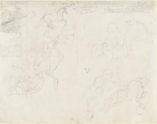 Studies of Figures and Horses (recto); Figure Studies (verso) by Eugène Delacroix, drawing, 1819-1829