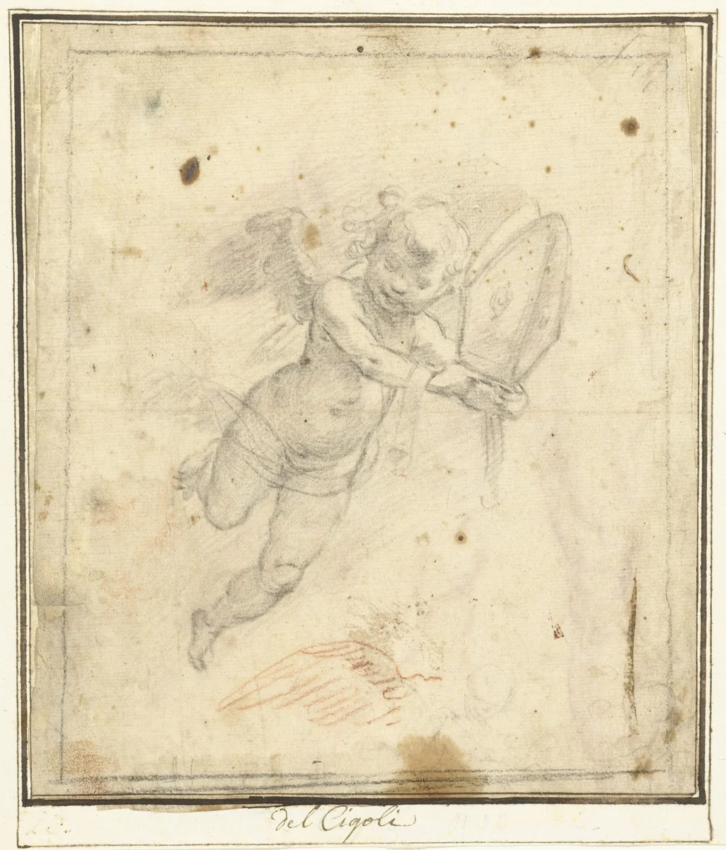 Zwevende engel en een vleugel by Bernardino Poccetti, drawing, 1558-1612