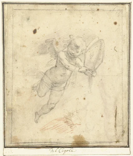 Zwevende engel en een vleugel by Bernardino Poccetti, drawing, 1558-1612
