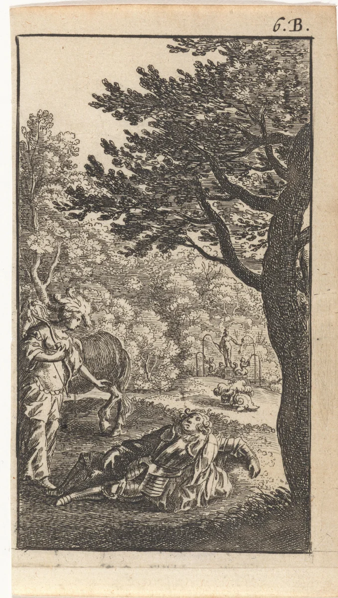 Jageres bij een man in wapenrusting by Abraham Dircksz. Santvoort, print, 1667
