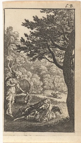 Jageres bij een man in wapenrusting by Abraham Dircksz. Santvoort, print, 1667