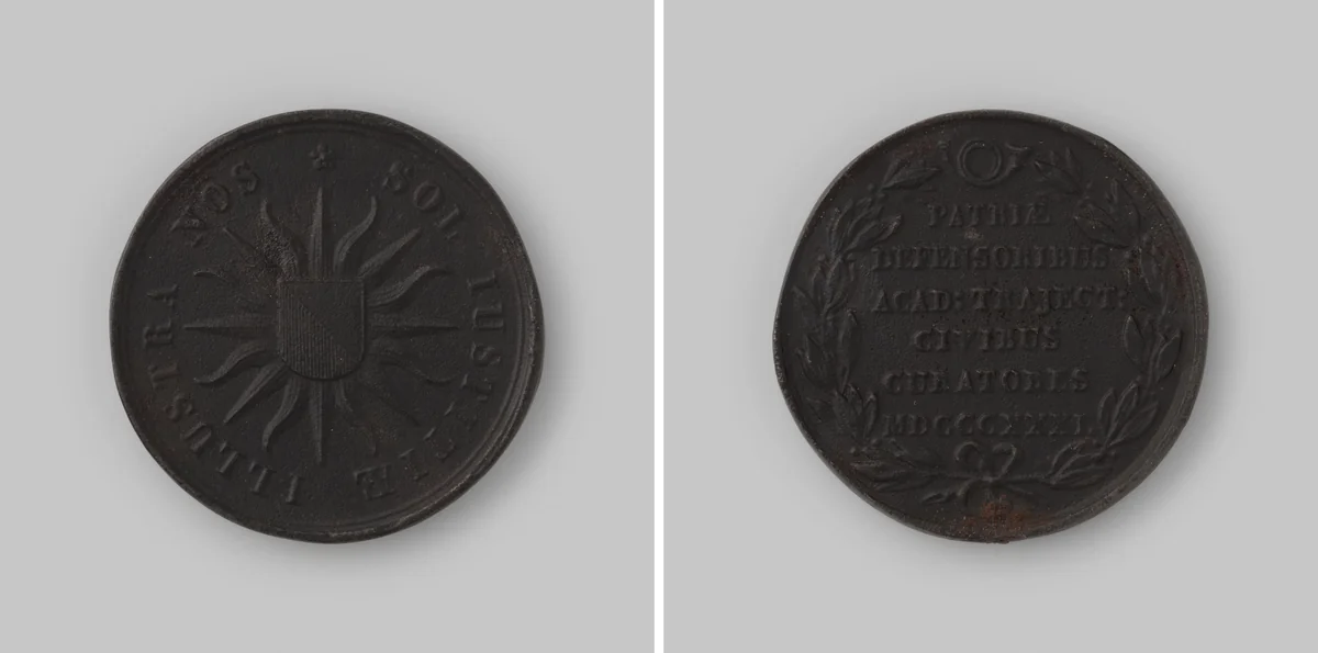 Huldepenning door de curatoren van de Utrechtse Academie geschonken aan de uitgetrokken Utrechtse studenten by anonymous, metalwork, 1831