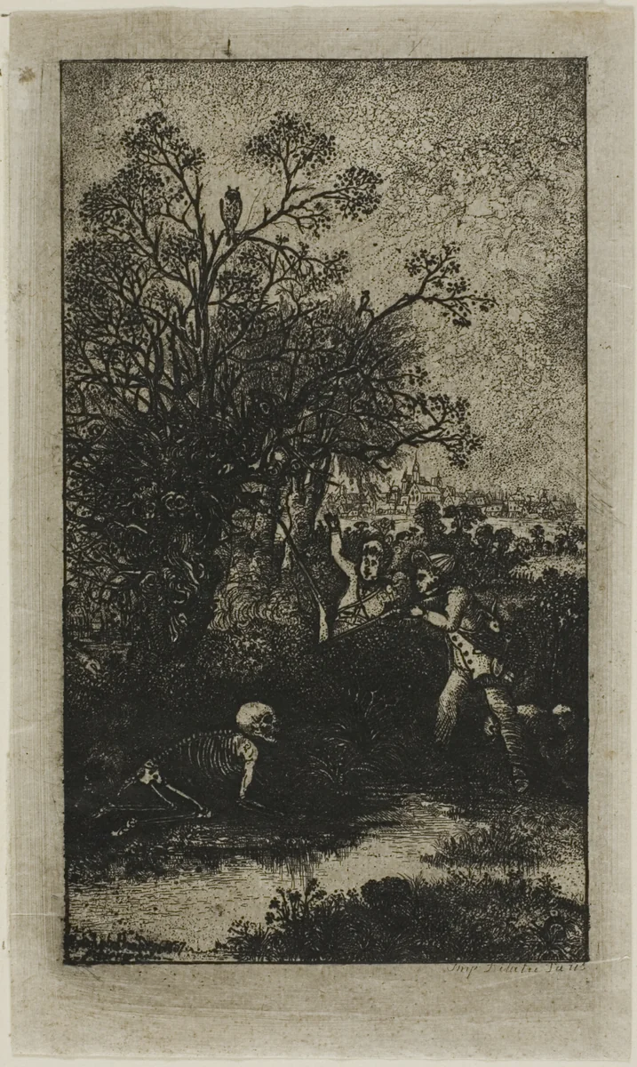 Hunters Surprised by Death by Rodolphe Bresdin, print, 1857