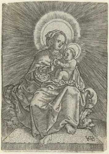 Tronende Maria met kind en appel in stralenkrans by Unknown, print, 1510-1569