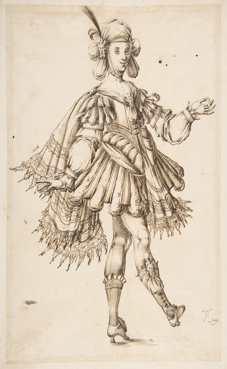 Male Figure in Ballet Costume by T Remy, drawing, 1600-1699