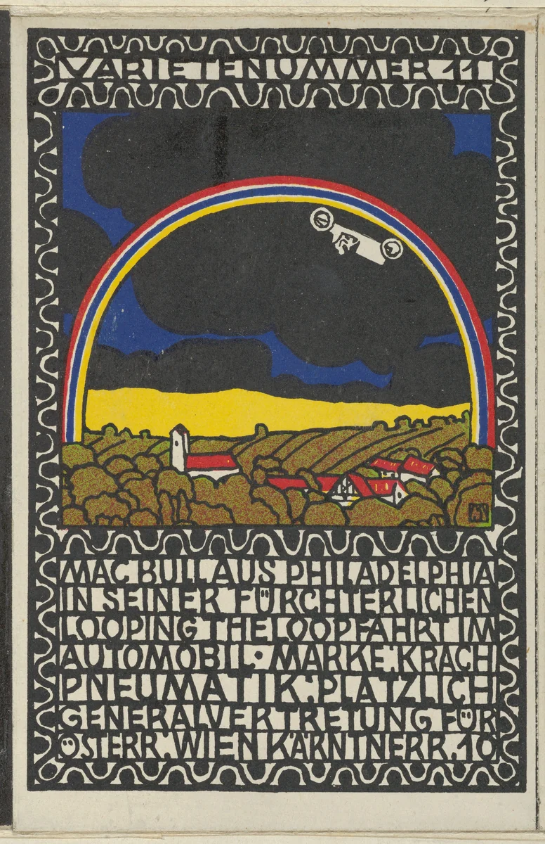 Variety Act 11: Mac Bull from Philadelphia in His Frightful Loop-the-Loop Ride in His Car (Varietenummer 11: Mac Bull aus Philademphia in Seiner Fürchterlichen Looping the Loop Fahrt im Automobil) by Moriz Jung, print, 1907