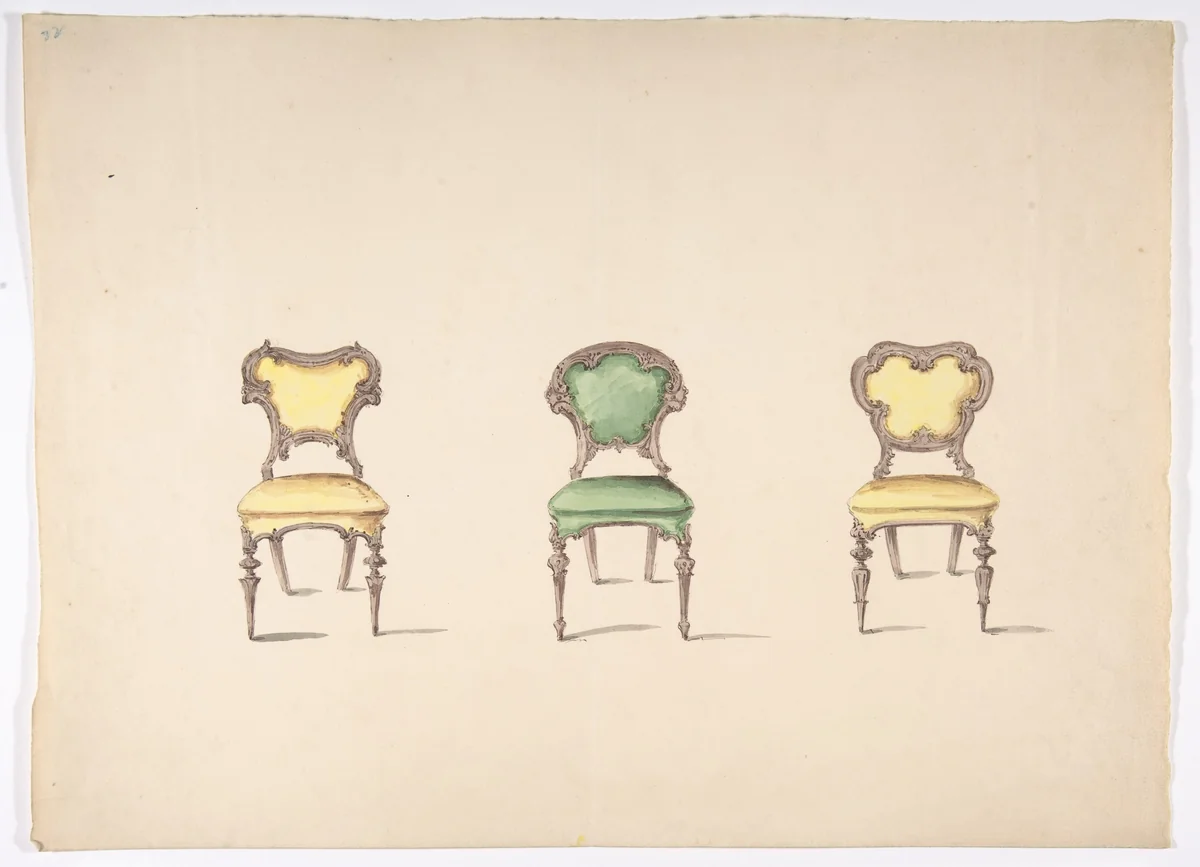 Design for Three Chairs Upholstered in Green and Yellow by anonymous, drawing, 1800-1850