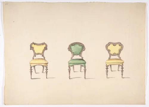 Design for Three Chairs Upholstered in Green and Yellow by anonymous, drawing, 1800-1850