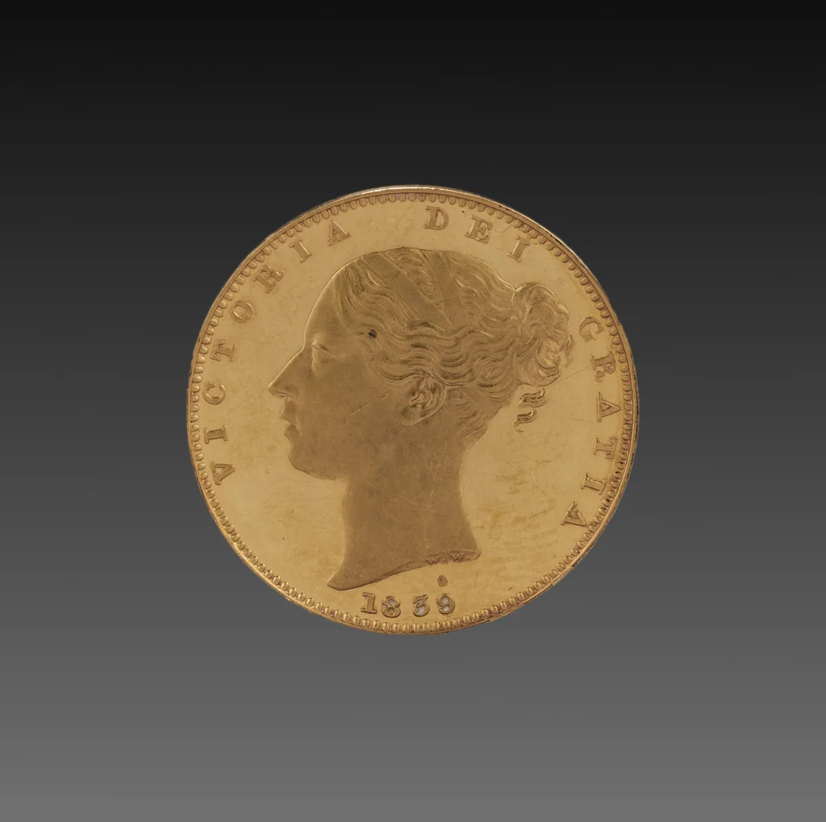 Sovereign: Victoria (obverse) by William Wyon, metalwork, 1839
