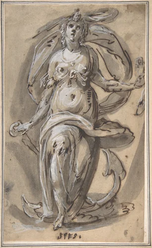 Standing Female Figure with an Anchor (Spes) by Hinrich Degener, drawing, 1600-1630