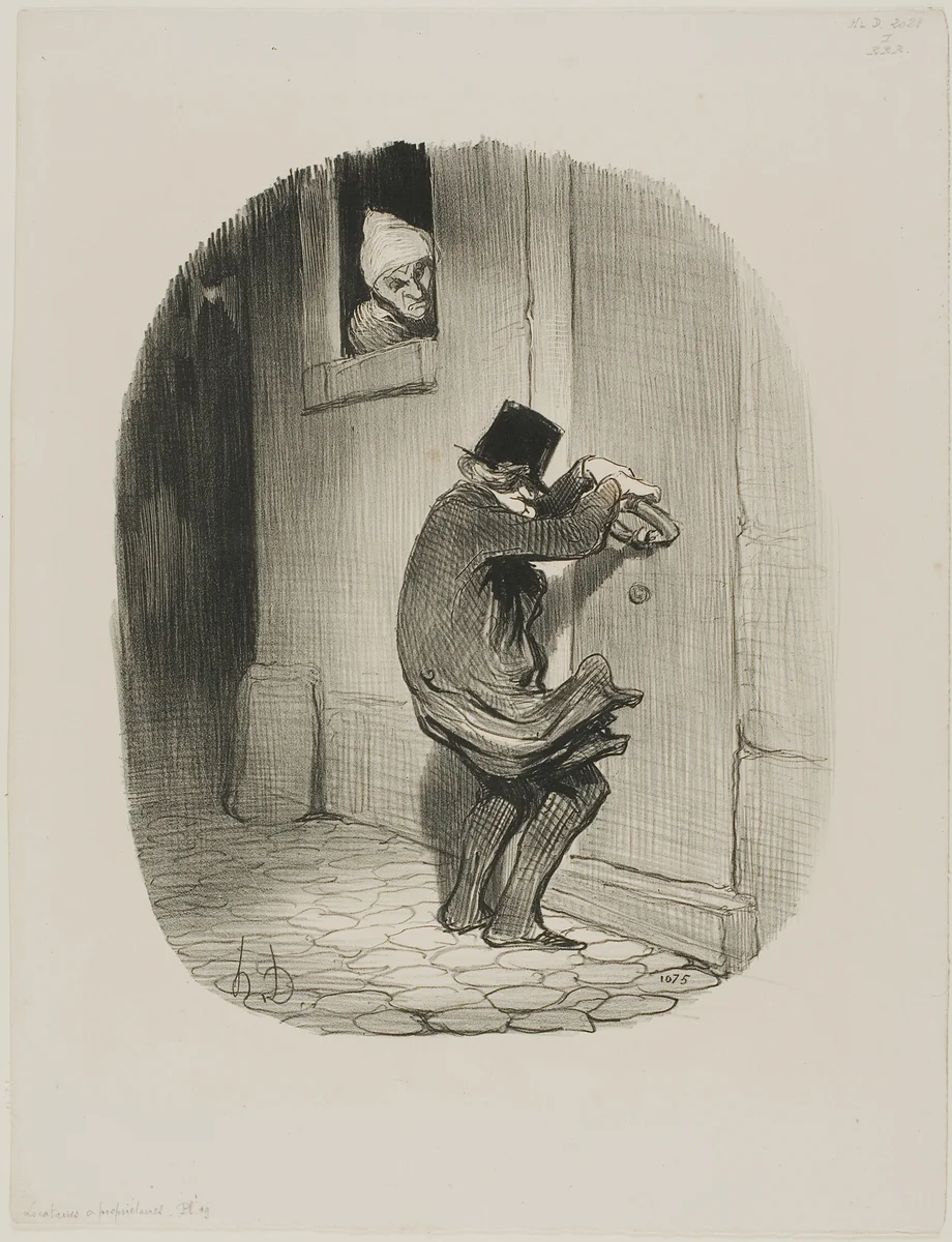 Past Midnight, plate 19 from Locataires et Propriétaires by Honoré-Victorin Daumier, print, 1847