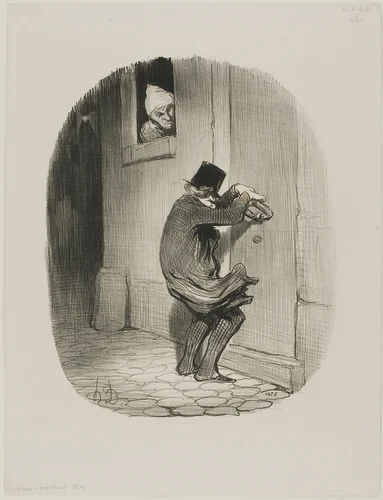 Past Midnight, plate 19 from Locataires et Propriétaires by Honoré-Victorin Daumier, print, 1847