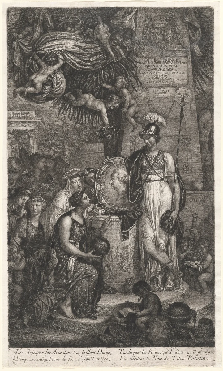 The Personifications of the Arts and Sciences Pay Tribute to Carl Theodor von der Pfalz by Joseph Fratrel, print, 1783